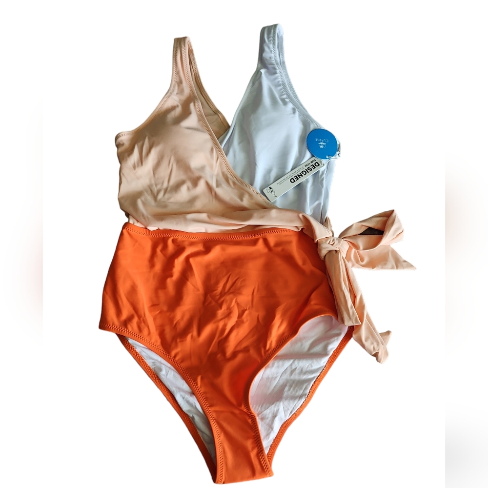 Orange White & Peach One Piece Women's Swimsuit Medium